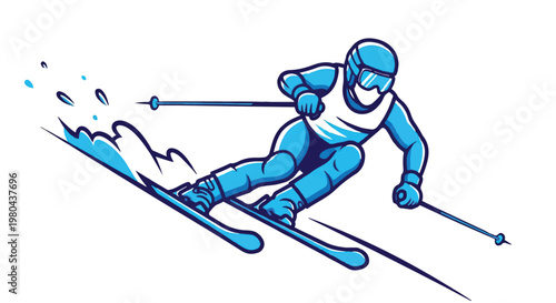 Dynamic skier navigating a snowy downhill slope with speed and precision