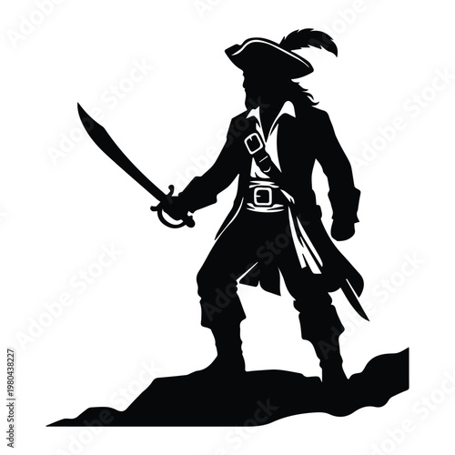 Pirate Standing sword in hand Shape Icon Silhouette Vector black design on a white background