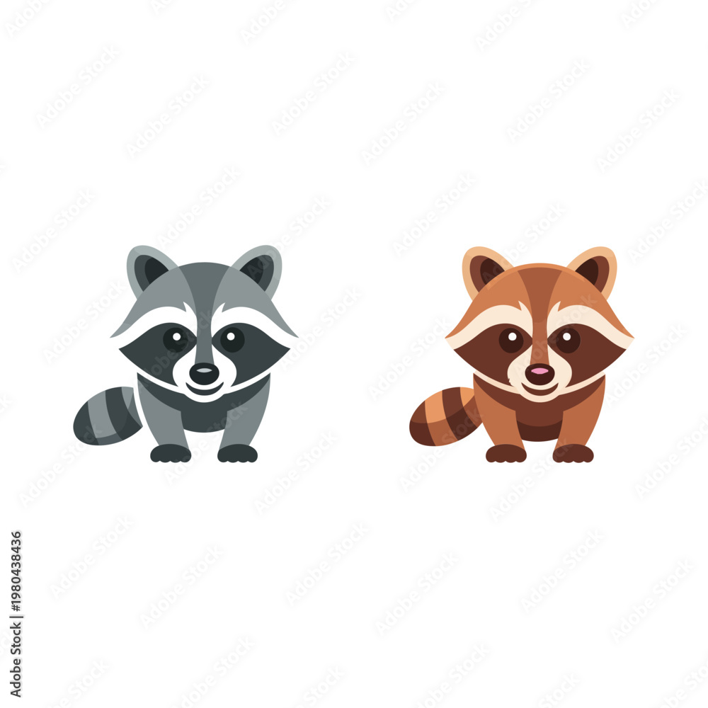 Obraz premium Raccoon couple vector icons, cute woodland animal clipart, autumn craft fair poster, wildlife education day, forest mascot illustration set