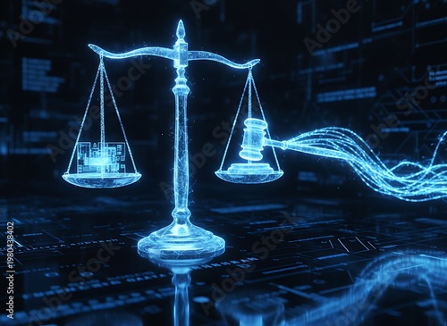 Digital justice scales with glowing blue circuit board background representing legal technology, cyber law, and modern jurisprudence in futuristic setting. Legal Technology