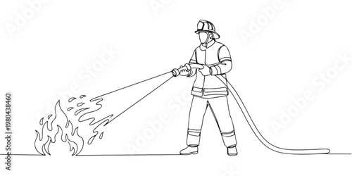 Continuous line art of a firefighter extinguishing fire with water hose.