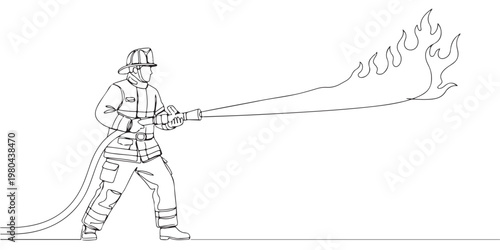 Continuous line art of a firefighter extinguishing fire with water hose.