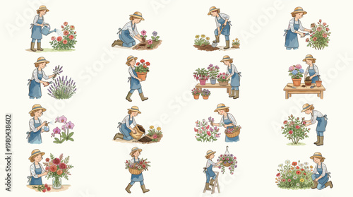 Gardening people collection with planting watering harvesting and carrying flowers, detailed vector set for garden care landscaping and outdoor home activities