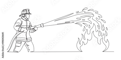 Continuous line art of a firefighter extinguishing fire with water hose.