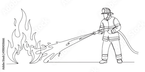 Firefighter is spraying water from a hose to control fire, line art drawing style. vector illustration