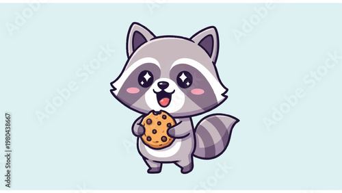 Cute Cartoon Raccoon Holding Cookie.