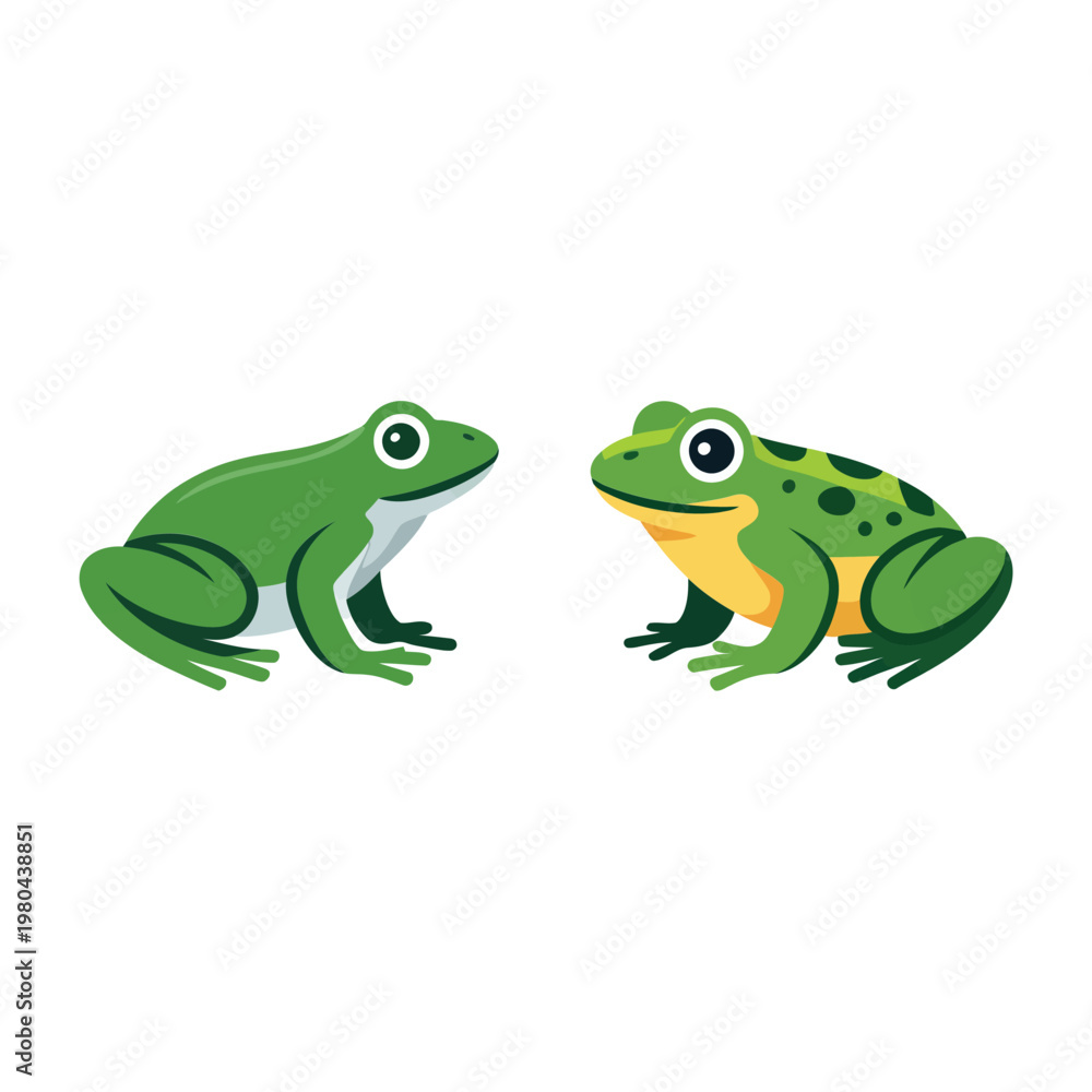 Obraz premium Green frog pair, sitting amphibian mascots, pond ecosystem graphic, biology classroom chart, spring festival banner, nature camp session, vector illustration