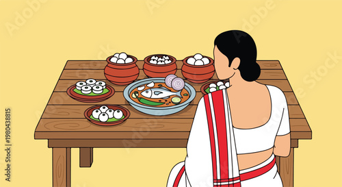 A woman in a white saree sits at a wooden table laden with traditional Indian food, including fish curry and various sweets in clay pots and plates.