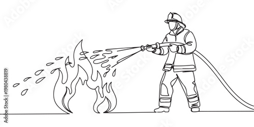 Firefighter is spraying water from a hose to control fire, line art drawing style. vector illustration