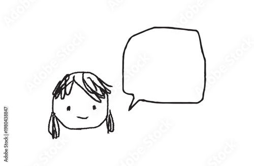 Cute hand-drawn girl with speech bubble, black outline crayon illustration
