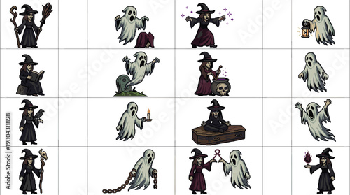 Halloween character set with witches and ghosts in playful spooky poses, cartoon vector collection for party decor, stickers, costumes and festive holiday designs