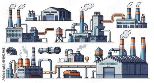 Collection of Industrial Factory Buildings with Smokestacks and Pipes.
