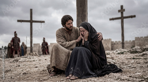 Biblical scene of a man comforting a grieving woman at the foot of the cross. Roman soldiers blurred in the background