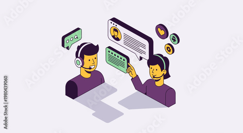 Isometric digital customer support center with male and female agents