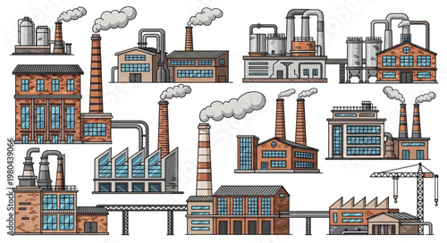 Collection of Industrial Factory Buildings with Smokestacks Emitting Smoke.