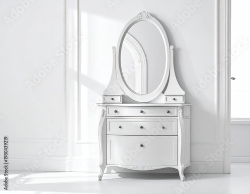 An elegant, all-white vanity with an oval mirror stands against a subtly paneled wall.