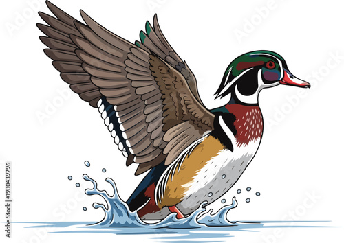 A vibrant wood duck vector illustration depicts the waterfowl taking flight, splashing water with its wings
