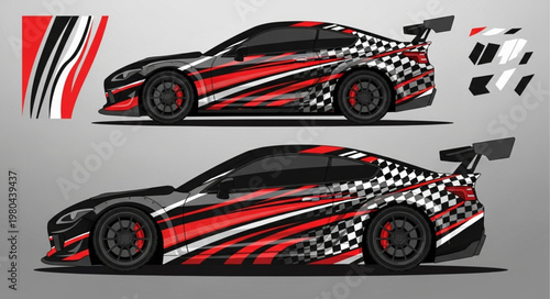 Sports Car Wrap Design with Red Black and White Graphics.