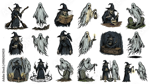 Vintage spooky ghost collection with grim reaper haunted spirits and dark halloween creatures, hand drawn vector set for horror, gothic and occult designs