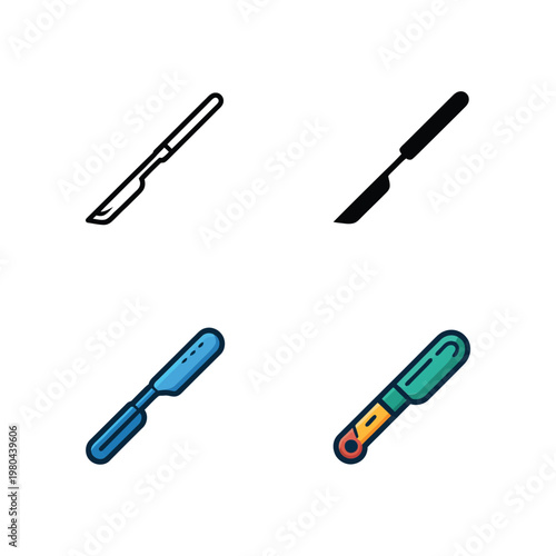 Surgical scalpel instrument and digital thermometer icons, sterile surgery tools for hospital operation, clinic healthcare equipment vector illustration set