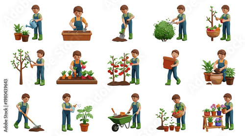Gardening boy character set with planting watering trimming and carrying plants, flat vector collection for home garden care and landscaping activities