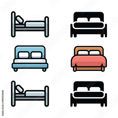 Hospital bed and mattress icons in flat styles, inpatient ward furniture for clinic interior, recovery room equipment, healthcare accommodation graphics