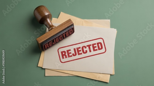 Wooden rubber stamp with a red rejected ink mark resting on top of official paperwork for business administrative office tasks