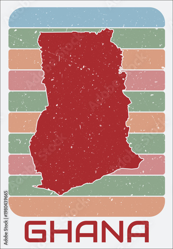 Ghana vintage logo. Shape of the country on retro colored stripes background. Ghana map design with grunge scratch texture. Vector illustration.