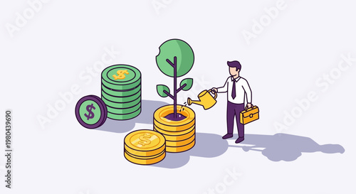 Businessman watering money tree on gold coins for financial growth