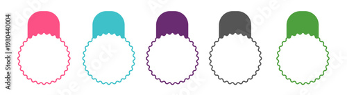 Colorful badges with wavy edges in pink, blue, purple, gray, and green for user profiles or ratings