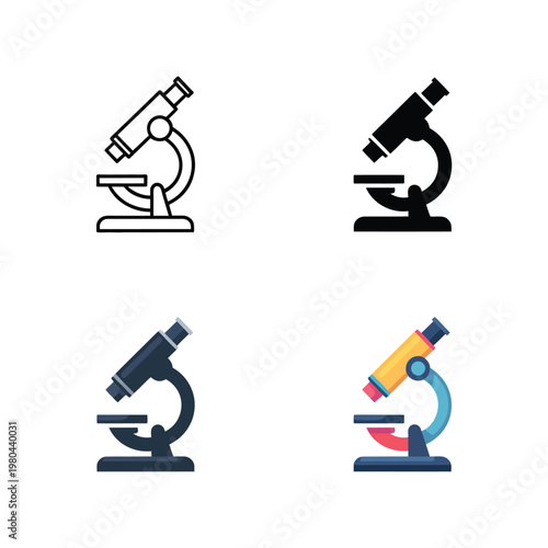 Microscope icons set, lab equipment collection, medical discovery poster, research workshop elements, biotechnology seminar branding, science study graphic, vector illustration