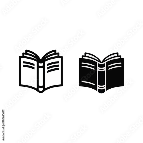 Open textbook icons with outline and filled styles, study material graphics for classroom resources, reading club, university brochure, training materials