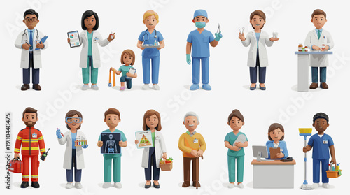 Diverse healthcare and emergency professionals collection with doctors nurses firefighter and technicians, flat vector character set for medical and service jobs