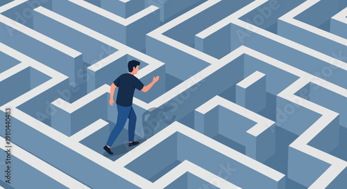 Man navigating a complex blue maze, symbolizing strategy, problem-solving, and finding a way forward.