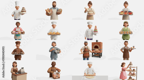 Chef and baker characters collection preparing food and desserts, flat vector illustration of culinary professionals in kitchen and restaurant settings