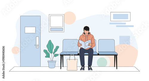 Man reading book in waiting room, patient waiting for doctor appointment, calm atmosphere