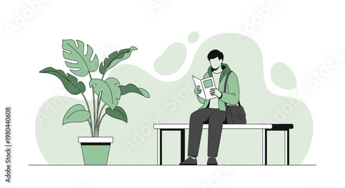 Man reading book on bench next to potted plant, minimalist illustration