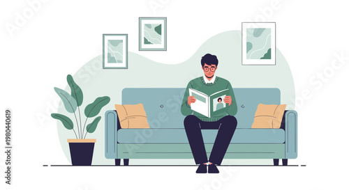 Man Reading Book on Sofa in Living Room, Cozy Home Interior, Relaxation