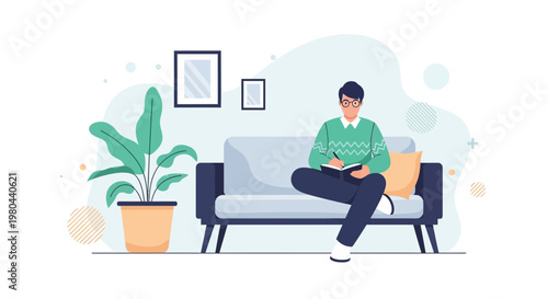 Man reading book on sofa in living room, cozy home interior, relaxation, hobby