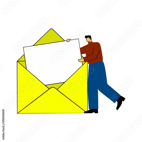 Man in placing large blank paper, mail  into a brown envelope