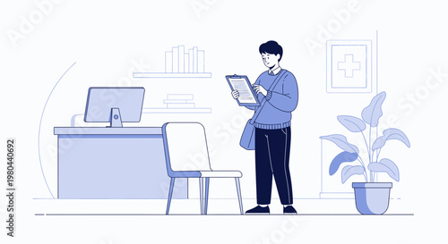 Man reading document in waiting room, doctor's office, clinic reception area