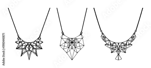 Geometric pattern necklace set with intricate angular shapes and clean lines featuring geometric, metallic, pendant with sparkle and shine