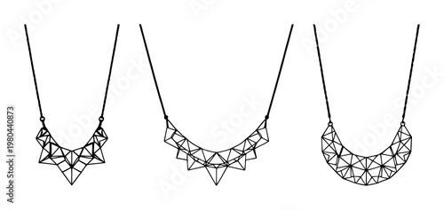Geometric pattern necklace set with intricate angular shapes and clean lines featuring geometric, metallic, pendant with sparkle and shine