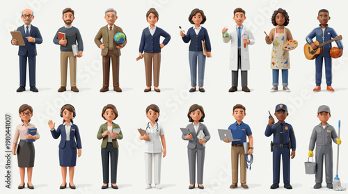 Diverse professional workers collection with doctors police officers chef musician and service staff, flat vector character set isolated on white background