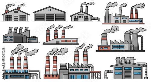 Collection of Industrial Factory Buildings Emitting Smoke.