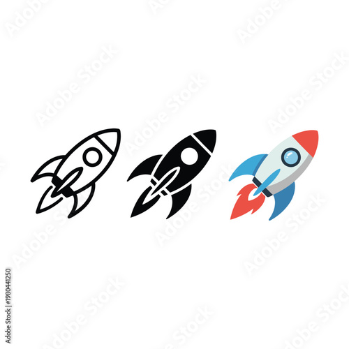 Rocket launch icons set with outline and solid ships, startup growth, innovation boost, mission liftoff, future technology, aerospace project graphics