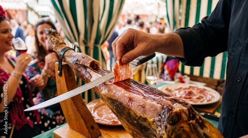 Carving authentic Jamon Iberico cured ham at a festive Spanish fair tent.