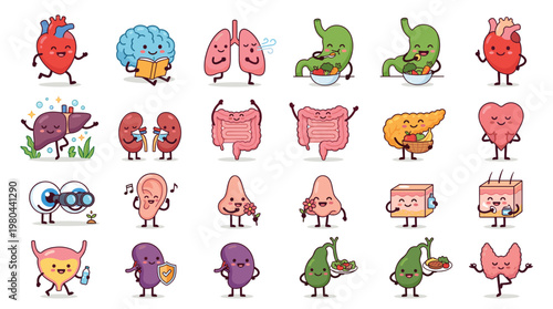 Colorful organ character set with cute cartoon body parts and funny expressions, medical vector collection for anatomy learning and healthcare themes