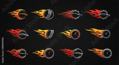 Set of flaming wheels and tires with motion blur effect.