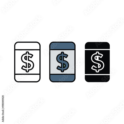 Online payment icons set, mobile phone with dollar symbol, transfer graphic, bill pay tutorial, ecommerce checkout session, fintech training vector